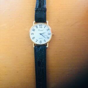 Black and Gold Watch with Leather Strap